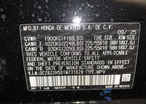 2026 Honda Hr-V Awd Sport from USA, damaged, VIN 3CZRZ2H50TM731628